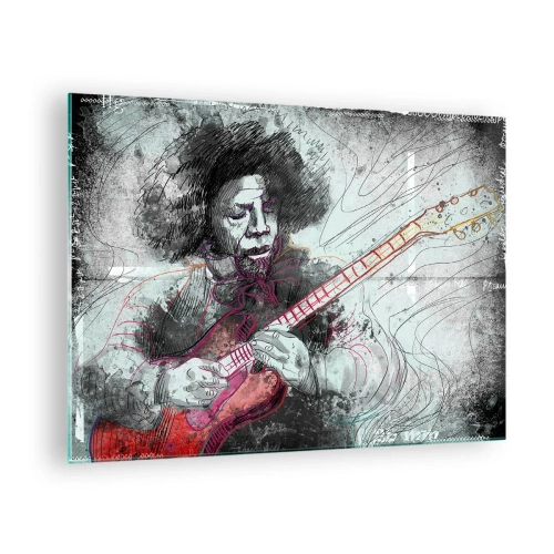 Obraz na skle - Umelecký portrét hudobníka s elektrickou gitarou - 70x50cm - Na vlnách hudby - Moderná nástenná dekorácia do obývacej izby a spálne ARTTOR
