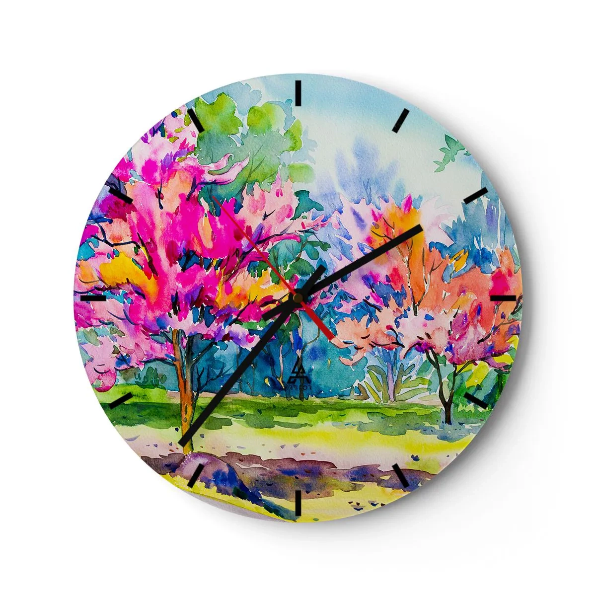 Nástenné hodiny - Akvarelová krajina s farebnými stromami - 30x30cm - Dúhová záhrada v jarnom lesku - Moderná nástenná dekorácia do obývacej izby, kuchyne a spálne ARTTOR