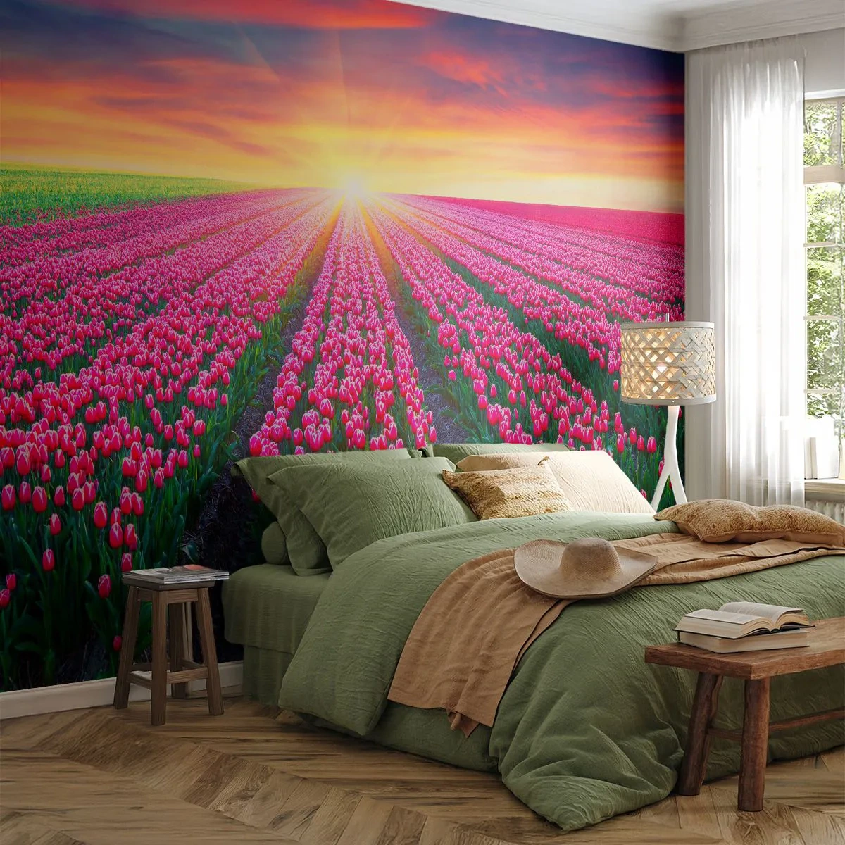 Samolepiaca Fototapeta Deluxe Sticker - Farma krásy - Kvety, Tulipány, Západ slnka - 250x175 cm