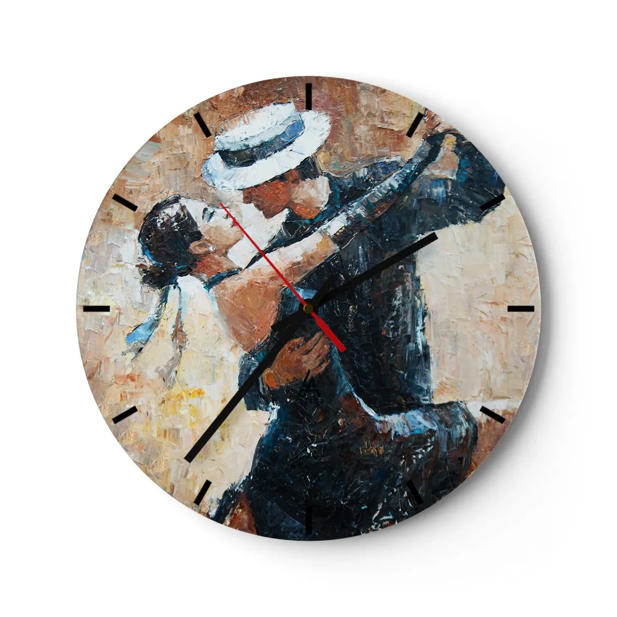 Nástenné hodiny - Pár tancuje v elegantných outfitoch s klobúkom a dynamickou pózou. - 30x30cm - A la Rudolf Valentino - Moderná nástenná dekorácia do obývacej izby, kuchyne a spálne ARTTOR