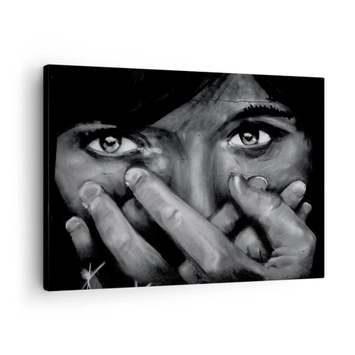Obraz na plátne - Čiernobiely portrét ženy, ktorá si zakrýva tvár rukami. - 70x50cm - Neviem, kto namaľoval - Moderná nástenná dekorácia do obývacej izby a spálne ARTTOR