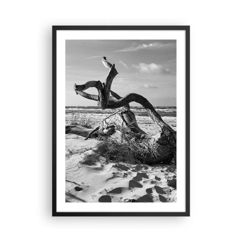 Plagát v čiernom ráme - Čiernobiela fotografia suchého stromu na pláži - 50x70cm - Morská socha - Moderná nástenná dekorácia do obývacej izby a spálne ARTTOR