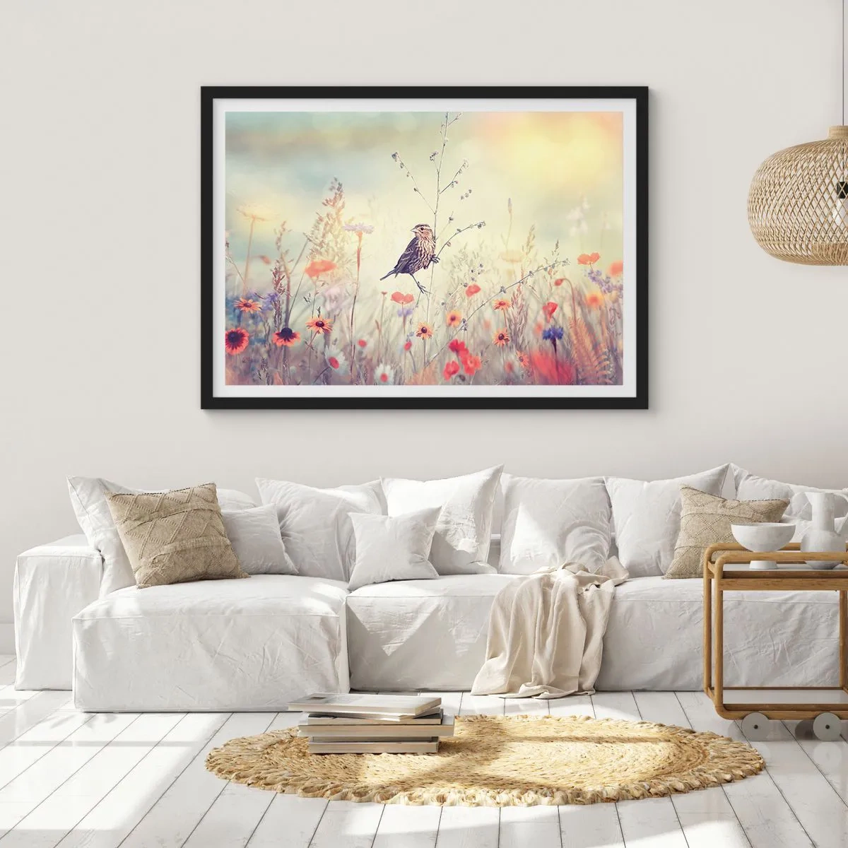 Plagát v čiernom ráme - Portrét vtáka s lúkou v pozadí - 70x50 cm