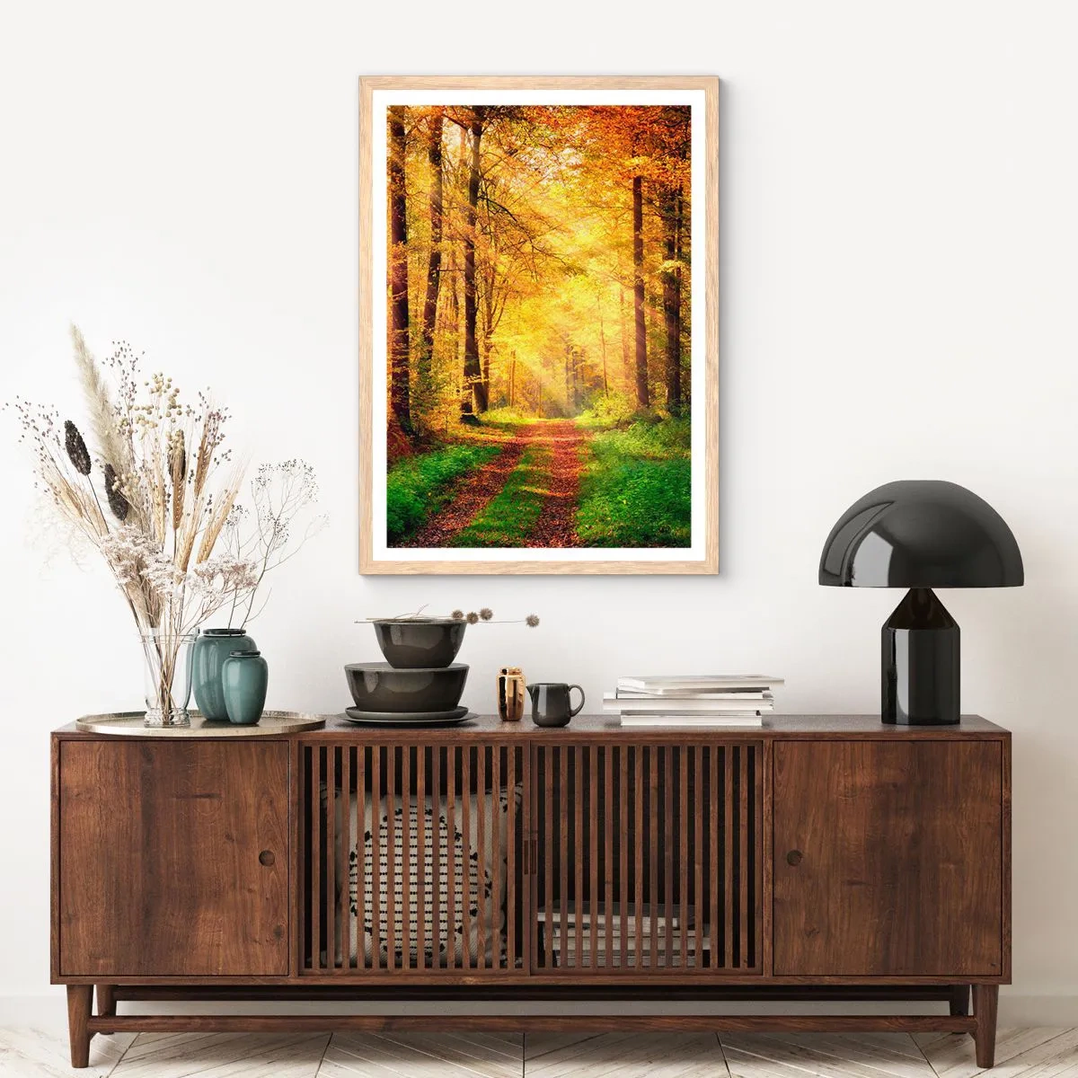 Plagát v ráme zo svetlého duba - Lesno-zlaté ticho - 61x91 cm
