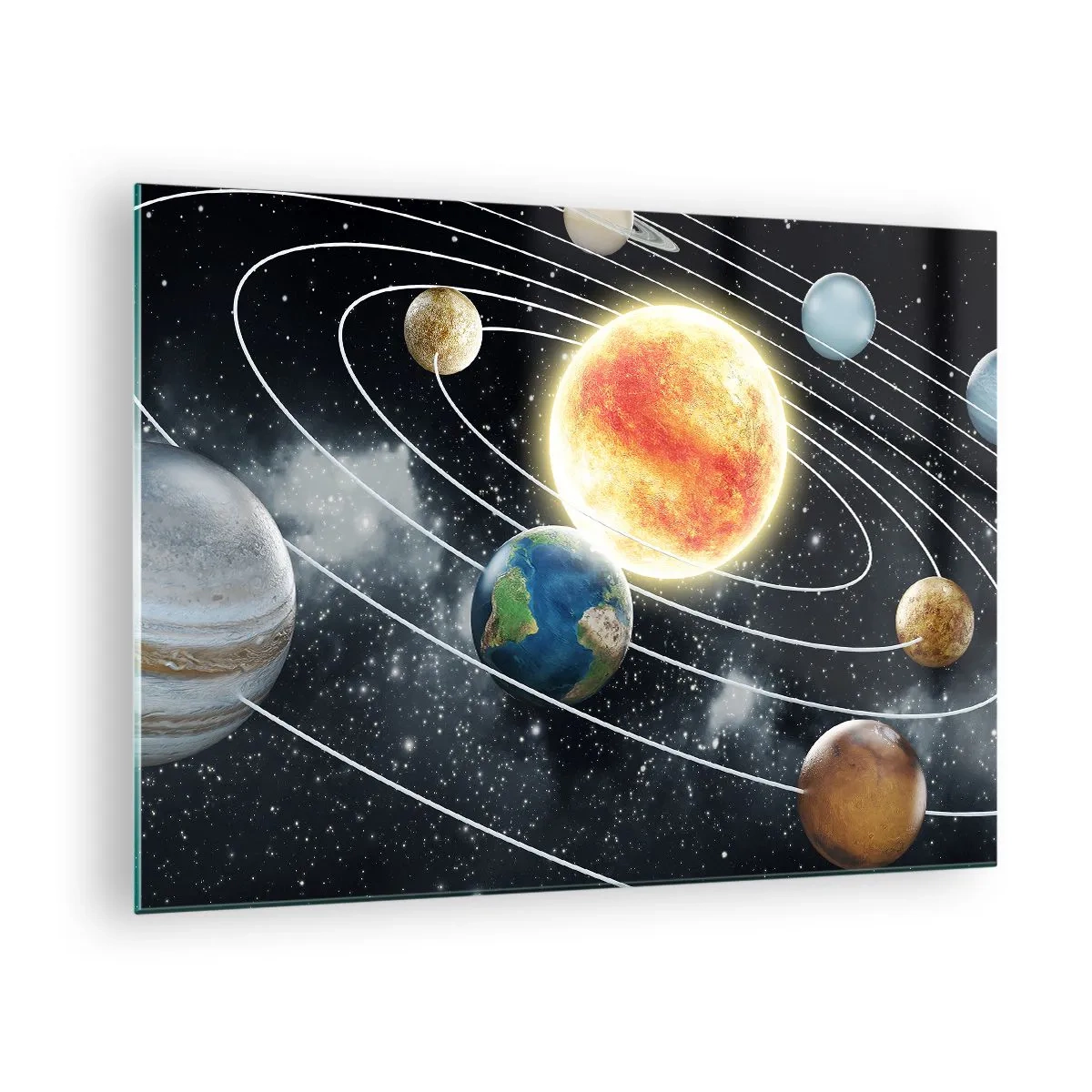 Obraz na skle - Slnečná sústava s planétami a obežnými dráhami na pozadí vesmíru - 70x50cm - Vesmírny tanec - Moderná nástenná dekorácia do obývacej izby a spálne ARTTOR