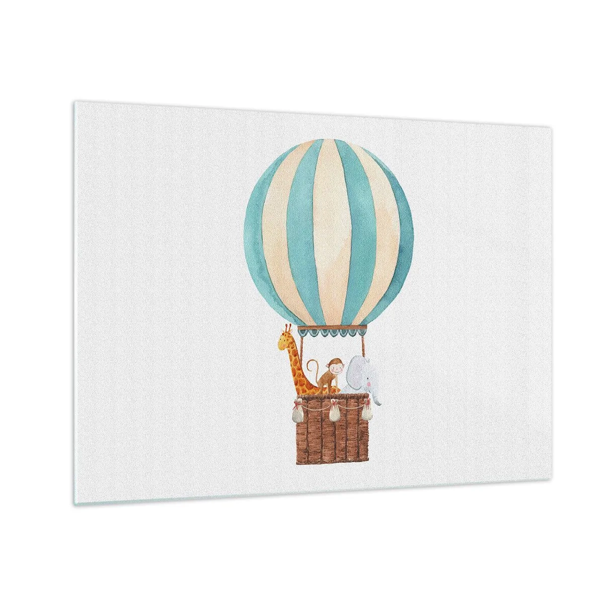 Obraz na skle - Balón so žirafou, opicou a slonom na bielom pozadí - 70x50cm - Fantastický výlet - Moderná nástenná dekorácia do obývacej izby a spálne ARTTOR