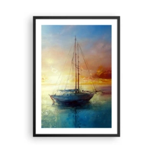 Plagát v čiernom ráme - Jachta na pokojnom mori pri západe slnka - 50x70cm - V zlatom zálive - Moderná nástenná dekorácia do obývacej izby a spálne ARTTOR