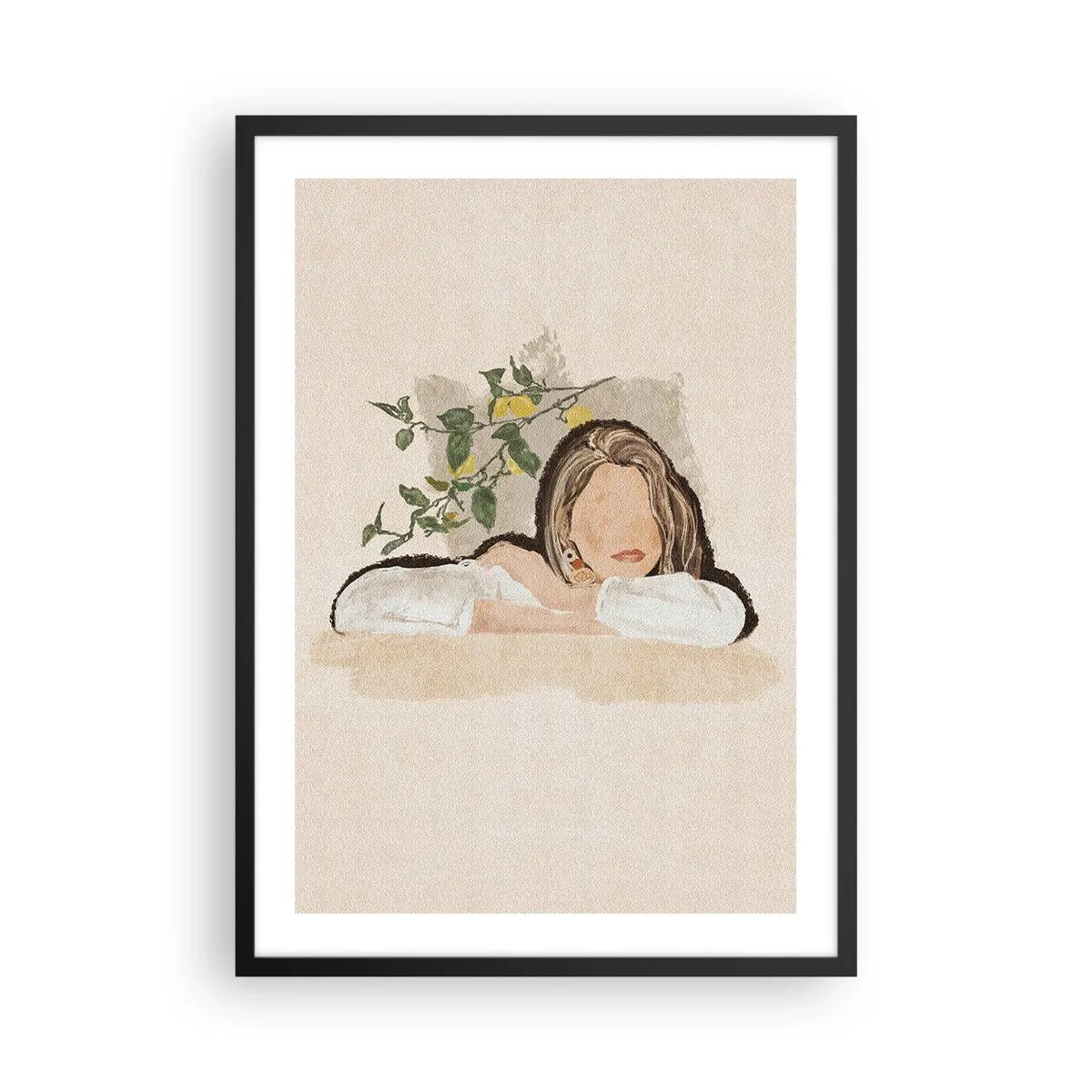 Plagát v čiernom ráme - Zamyslená postava obklopená prírodou - 50x70cm - Kráska z juhu - Moderná nástenná dekorácia do obývacej izby a spálne ARTTOR