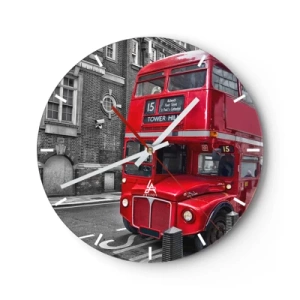 Nástenné hodiny - Červený londýnsky autobus na pozadí historických budov - 30x30cm - Vždy rovnaký - Moderná nástenná dekorácia do obývacej izby, kuchyne a spálne ARTTOR
