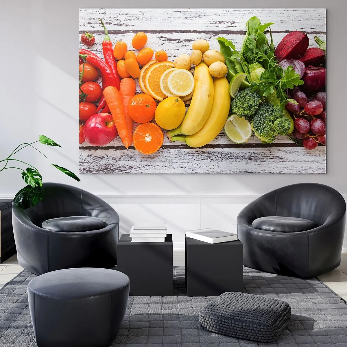 Obraz na skle - Farebné ovocie a zelenina usporiadané na drevenom stole - 70x50cm - To nestačí? - Moderná nástenná dekorácia do obývacej izby a spálne ARTTOR