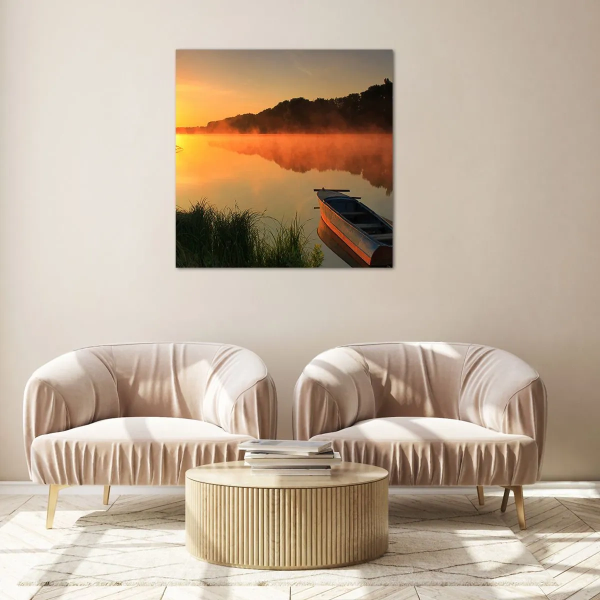Obraz na skle - Východ slnka pri vode ako povrch zrkadla - 70x70 cm