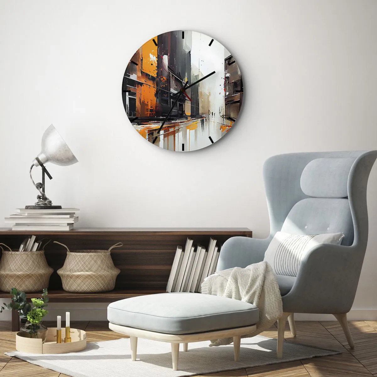 Nástenné hodiny - Abstraktná mestská pouličná scéna s oranžovým svetlom a dažďom - 30x30cm - Daždivý deň - Moderná nástenná dekorácia do obývacej izby, kuchyne a spálne ARTTOR