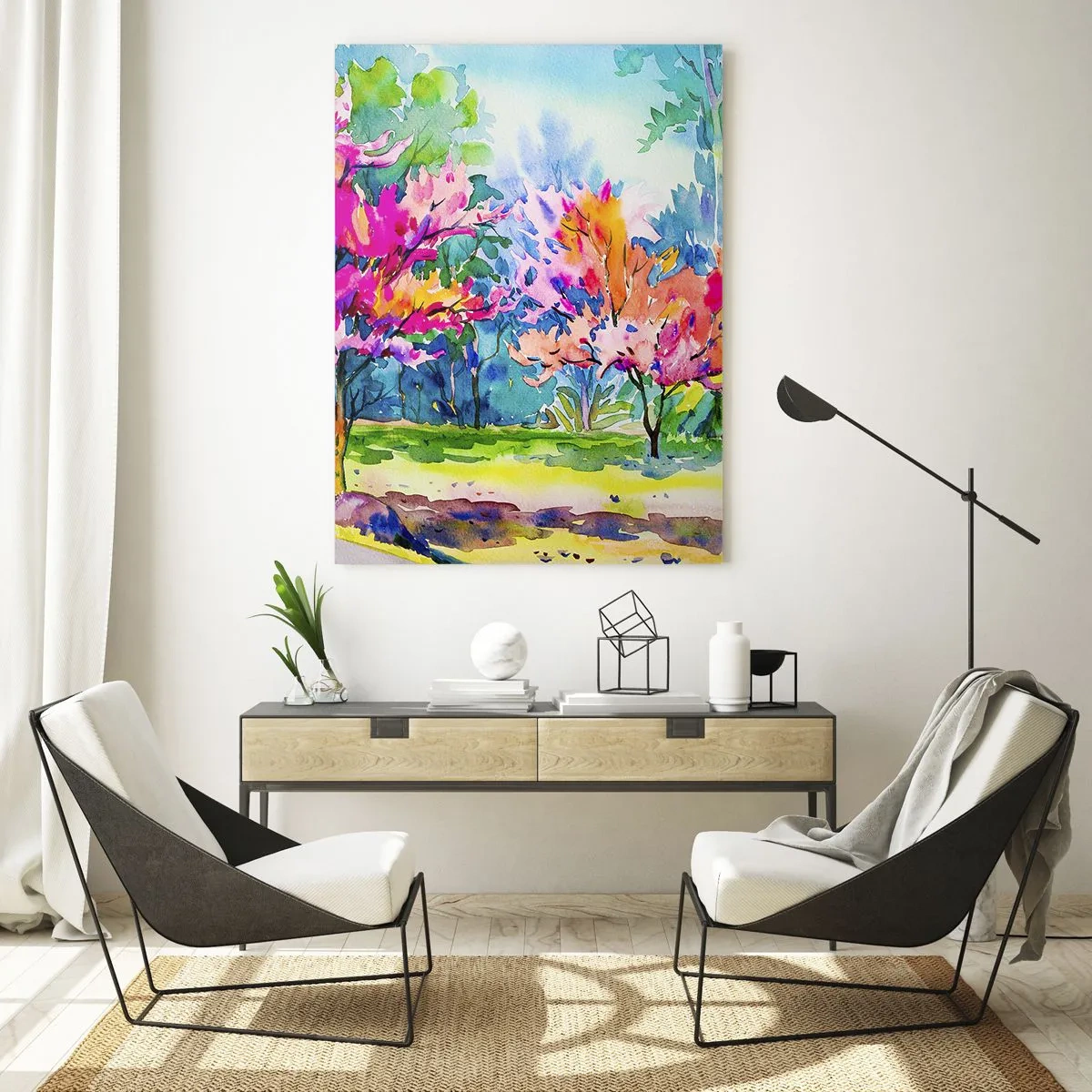 Obraz na skle - Dúhová záhrada v jarnom lesku - 50x70 cm
