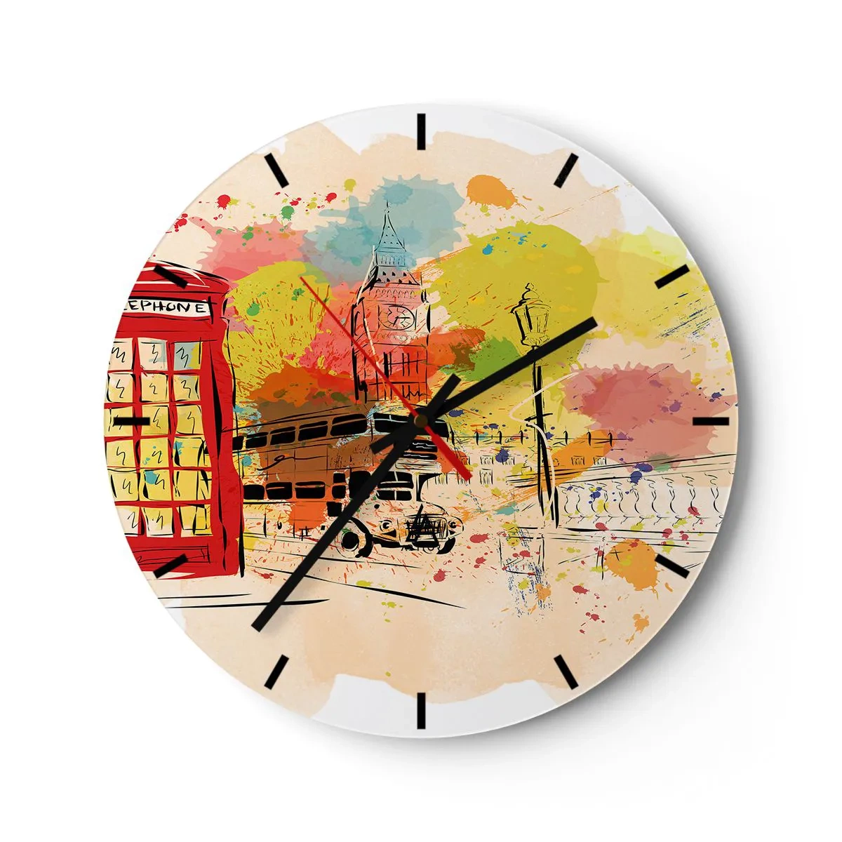 Nástenné hodiny - Farebný náčrt mesta s Big Benom a červeným autobusom. - 30x30cm - Mesto rôznorodostí - Moderná nástenná dekorácia do obývacej izby, kuchyne a spálne ARTTOR