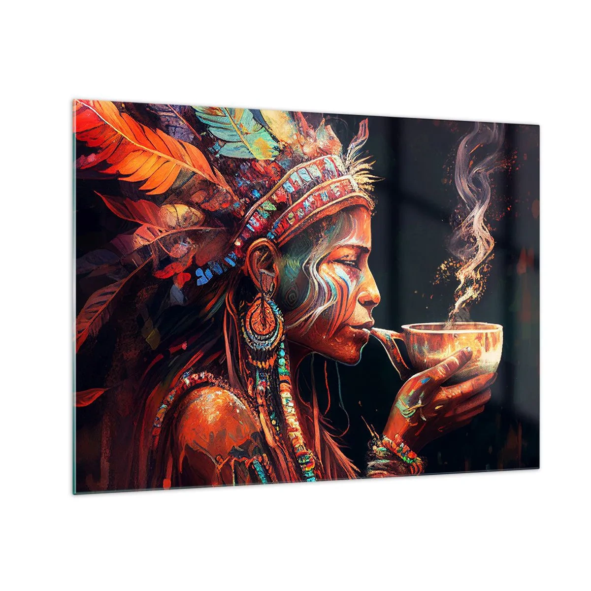 Obraz na skle - Postava v pernatej čelenke pije elixír v mystickej atmosfére - 70x50cm - Magický rituál - Moderná nástenná dekorácia do obývacej izby a spálne ARTTOR