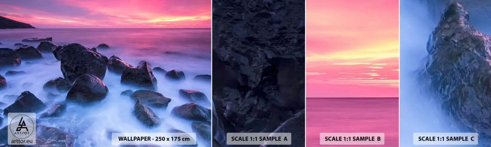 Vzorka samolepiacej fototapety Deluxe Sticker - Narodeniny v lesku a v hmle - Krajina, oceán, Západ slnka - 100x30 cm