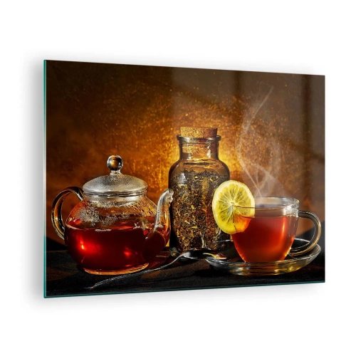 Obraz na skle - Sklenená kanvica na čaj a šálka čaju s citrónom - 70x50cm - V štýle holandských majstrov - Moderná nástenná dekorácia do obývacej izby a spálne ARTTOR