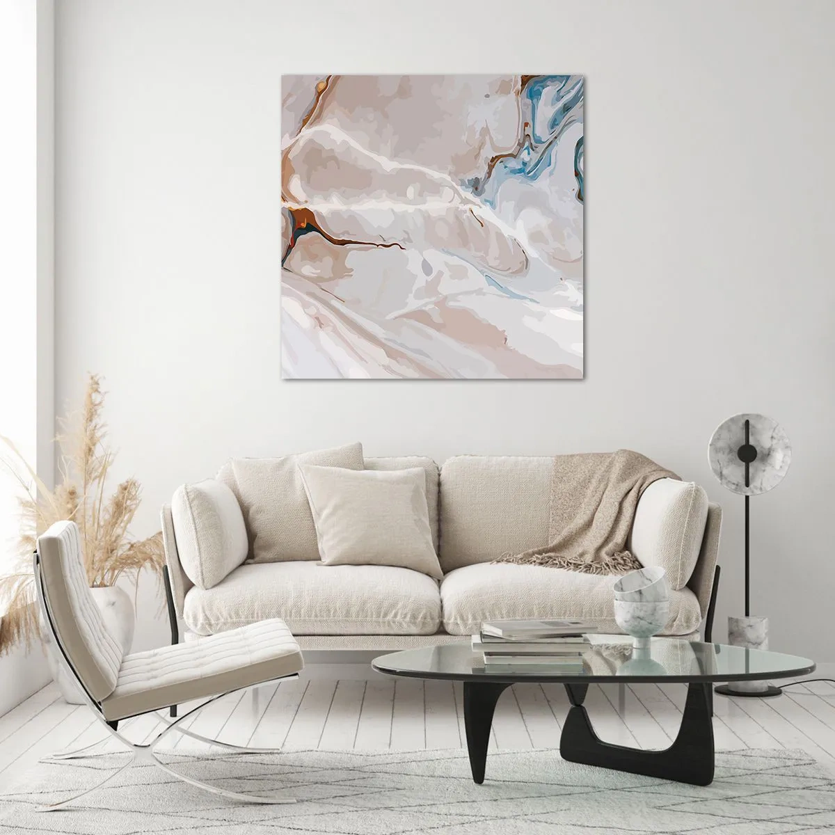 Obraz na skle - Modré meandre pod bielou - 50x50 cm