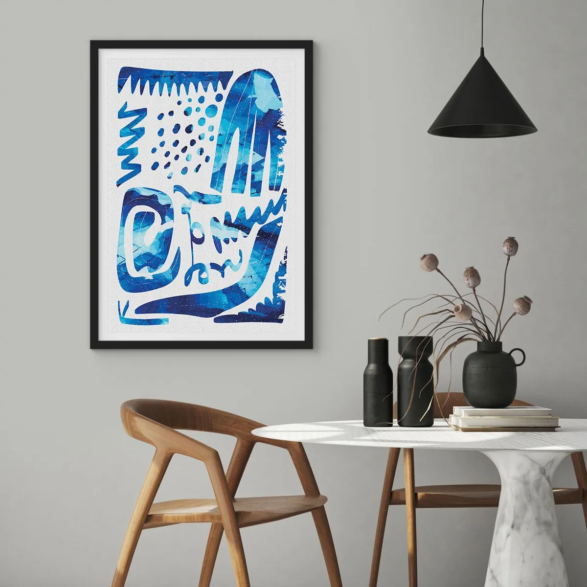 Plagát v čiernom ráme - Moderná abstrakcia v odtieňoch modrej - 50x70cm - Späť ku koreňom - Moderná nástenná dekorácia do obývacej izby a spálne ARTTOR