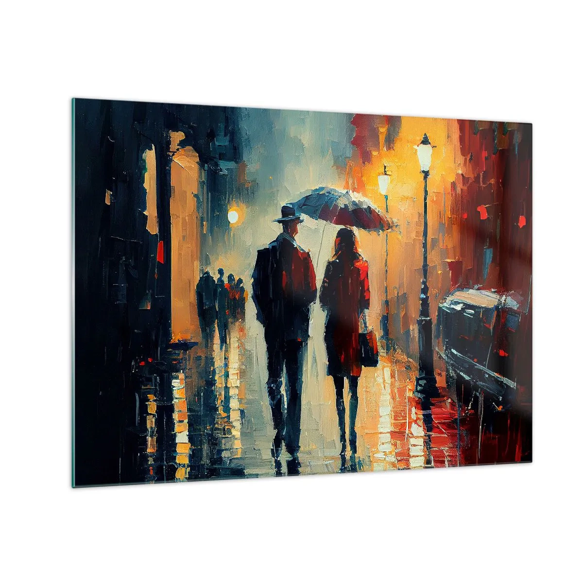 Obraz na skle - Pár s dáždnikom kráča v noci po mokrej ulici. - 70x50cm - Mestská love story - Moderná nástenná dekorácia do obývacej izby a spálne ARTTOR