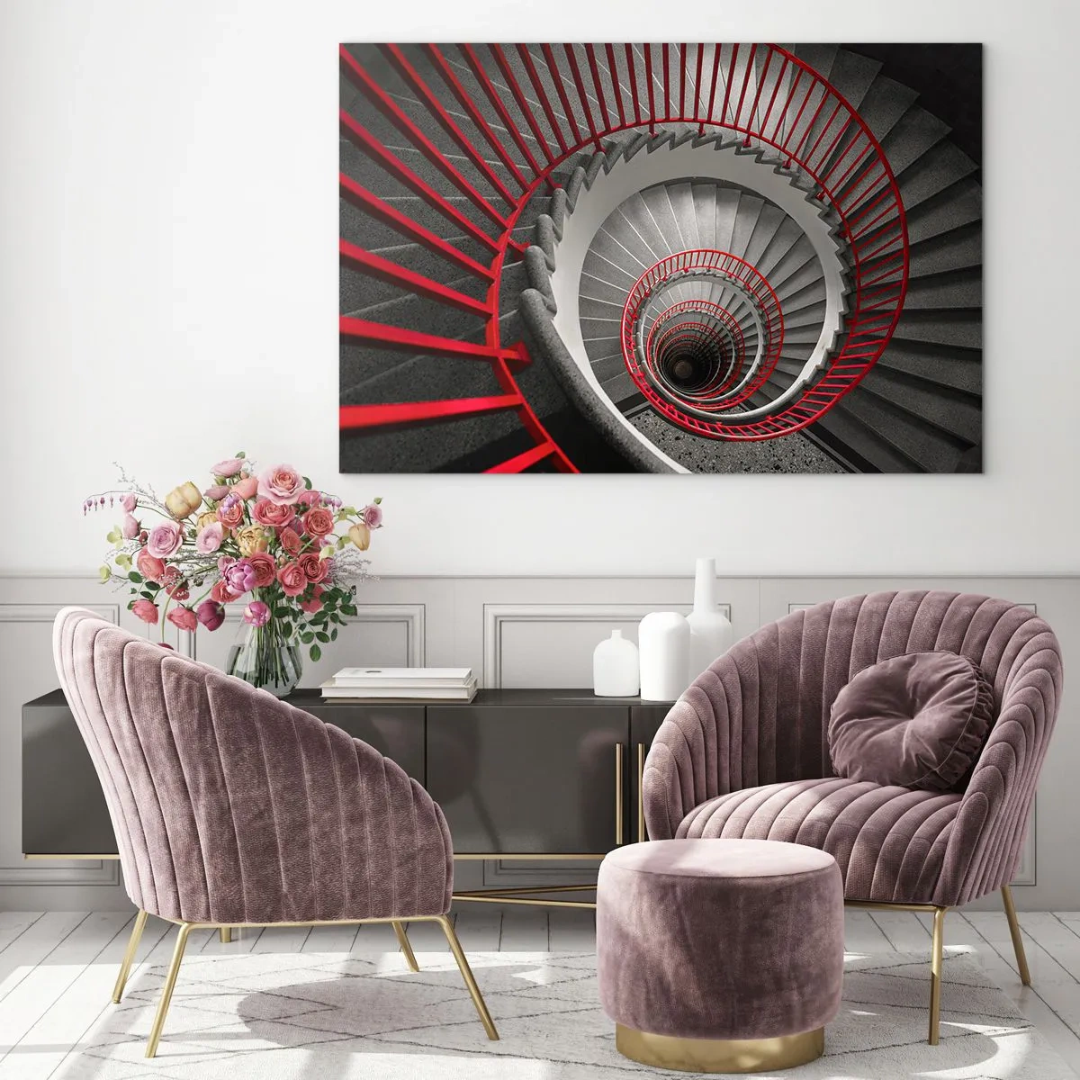 Obraz na skle - Točité schodisko s červenými zábradlím v perspektíve - 70x50cm - Architektonické hry - Moderná nástenná dekorácia do obývacej izby a spálne ARTTOR