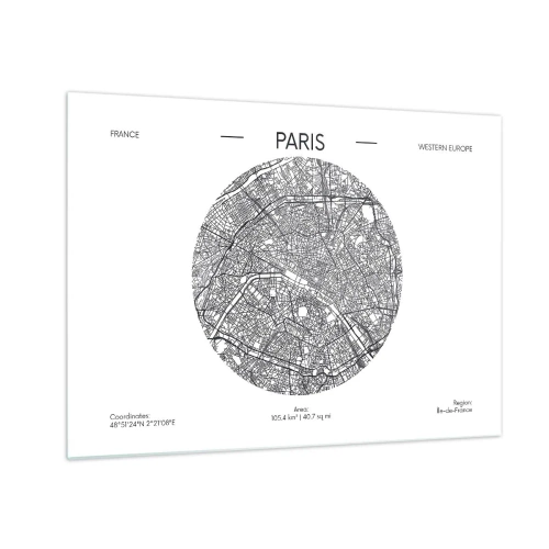 Obraz na skle - Kruhová mapa Paríža v čiernobielej ilustrácii - 70x50cm - Anatómia Paríža - Moderná nástenná dekorácia do obývacej izby a spálne ARTTOR