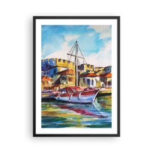 Plagát v čiernom ráme - Farebný akvarelový obraz jachty v prímorskom mestečku - 50x70cm - Dúhové popoludnie - Moderná nástenná dekorácia do obývacej izby a spálne ARTTOR