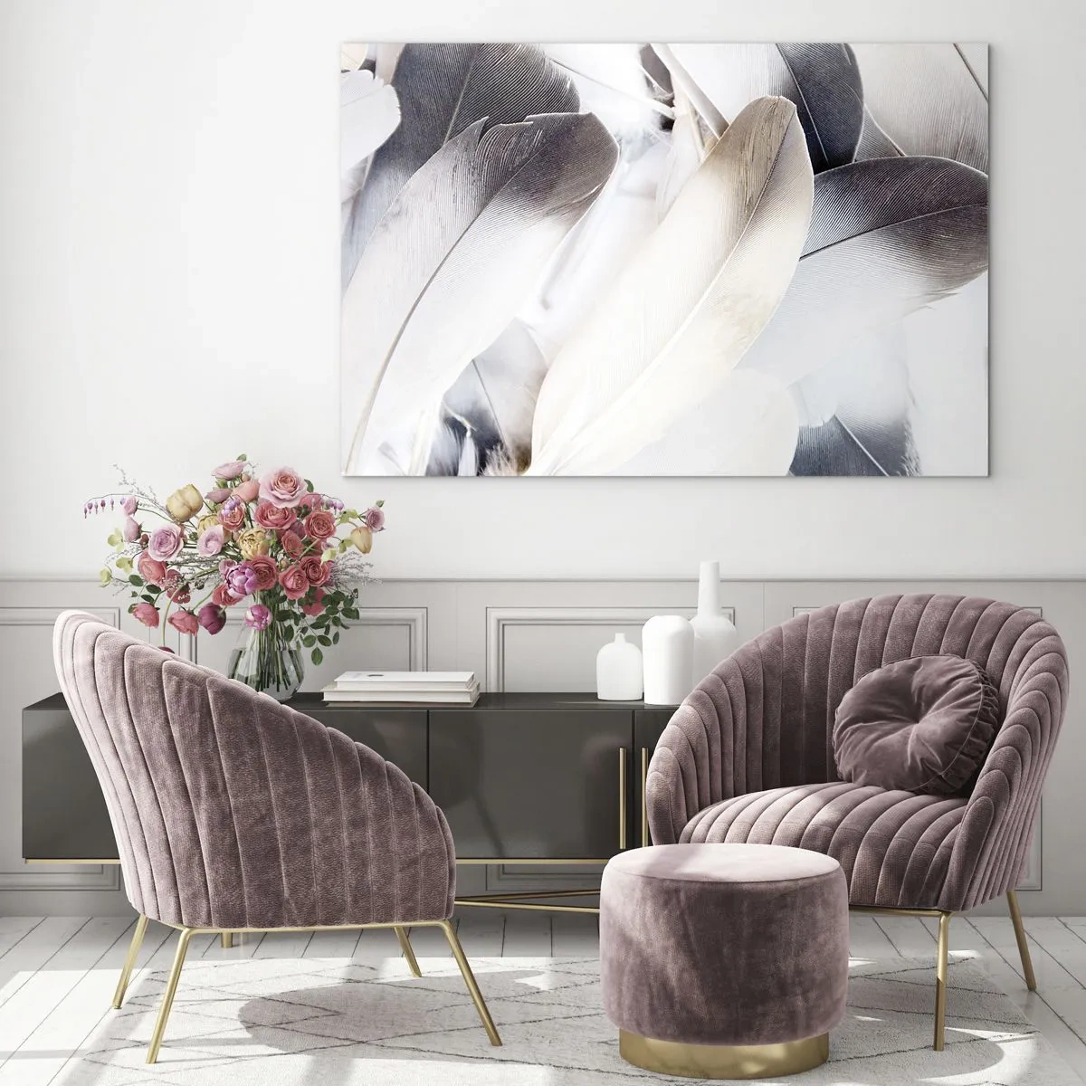 Obraz na skle - Jemné, svetlé pierka v odtieňoch bielej a sivej - 70x50cm - Takmer anjelské - Moderná nástenná dekorácia do obývacej izby a spálne ARTTOR