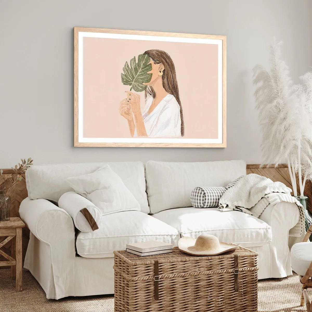 Plagát v ráme zo svetlého duba - Tajomný portrét s vejárom - 50x40 cm