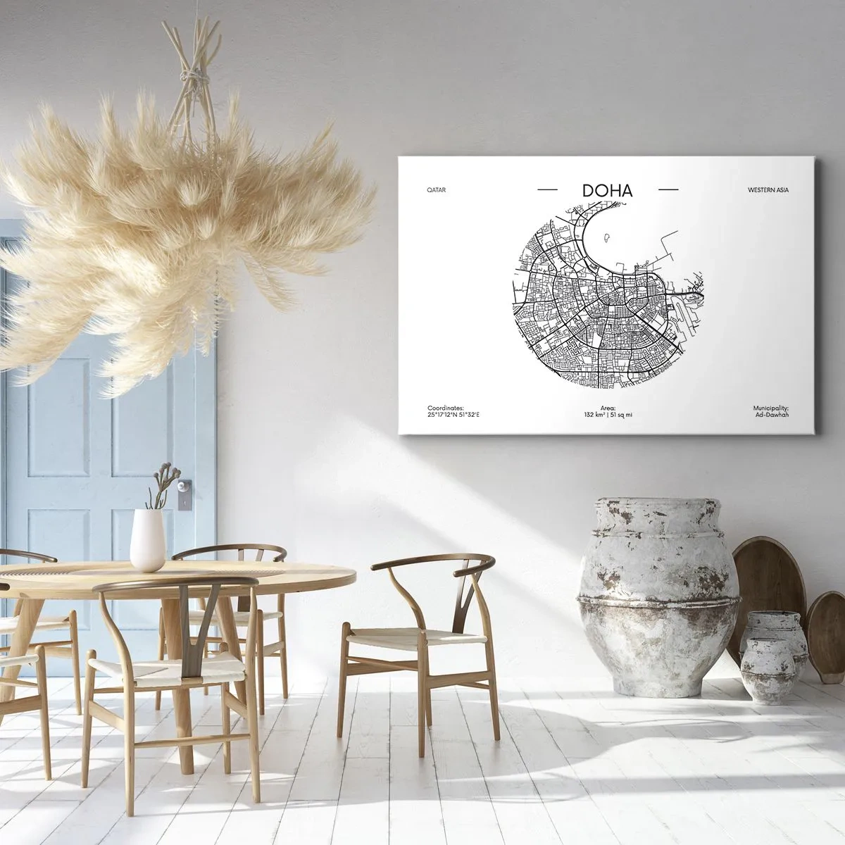 Obraz na plátne - Minimalistická mapa Dauhy v čiernobielej farbe s presnými detailmi. - 70x50cm - Anatómia Dauhy - Moderná nástenná dekorácia do obývacej izby a spálne ARTTOR