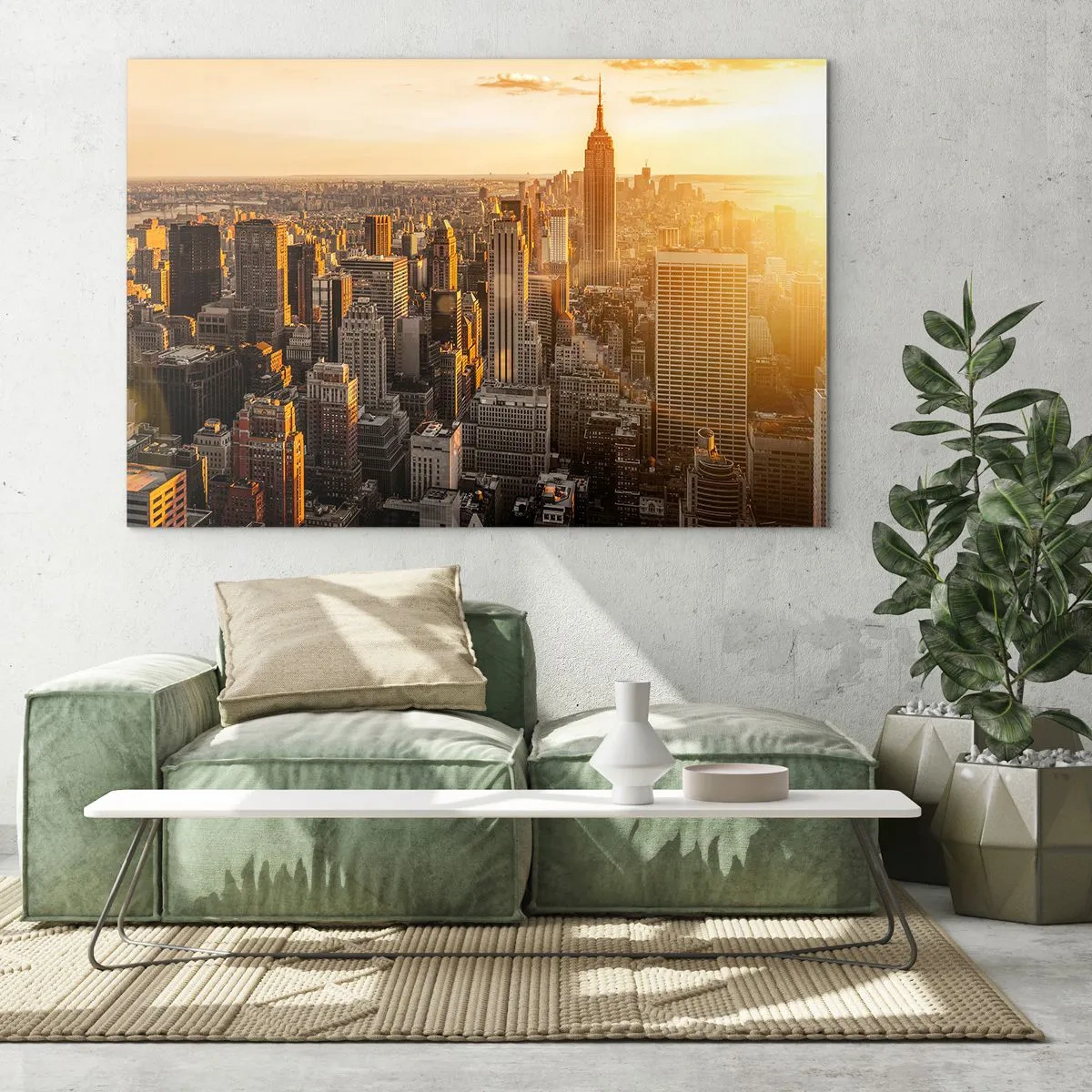 Obraz na skle - Panoráma New Yorku pri západe slnka - 70x50cm - Rast na slnku - Moderná nástenná dekorácia do obývacej izby a spálne ARTTOR
