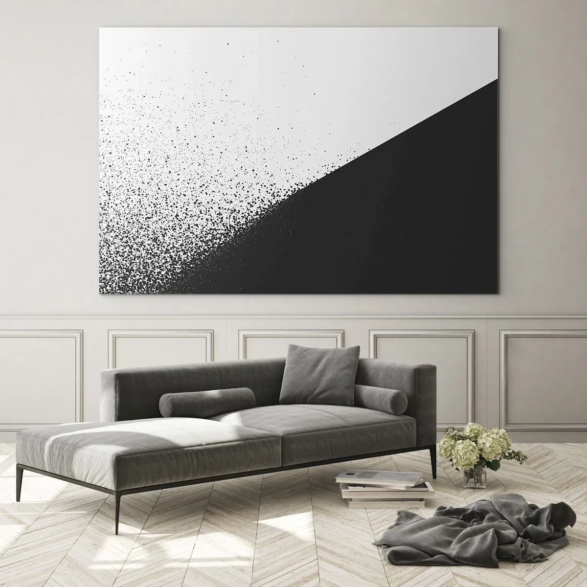 Obraz na skle - Minimalistická kompozícia v čiernej a bielej farbe s efektom rozpadu - 70x50cm - Rýchlejšie a rýchlejšie, viac a viac - Moderná nástenná dekorácia do obývacej izby a spálne ARTTOR