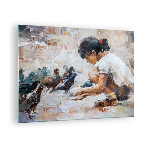 Obraz na skle - Dievča kŕmi vtáky na impresionistickom pozadí - 70x50cm - Maličkí a najmilší - Moderná nástenná dekorácia do obývacej izby a spálne ARTTOR