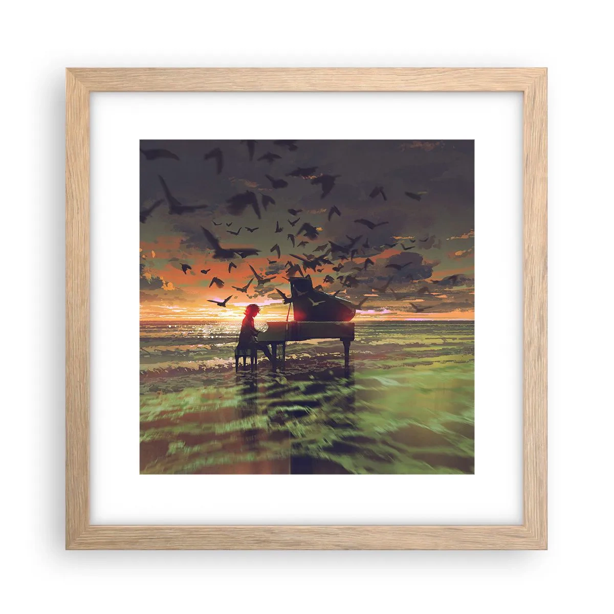 Plagát v ráme zo svetlého duba - Koncert na piano a vlny - 30x30 cm