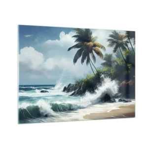 Obraz na skle - Vlny narážajúce do skál pri palmách na tropickej pláži - 70x50cm - Na tropickom pobreží - Moderná nástenná dekorácia do obývacej izby a spálne ARTTOR
