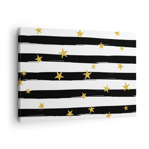 Obraz na plátne - Čiernobiele pruhy so zlatými hviezdami - 70x50cm - Všetci sme sa narodili pod šťastnou hviezdou - Moderná nástenná dekorácia do obývacej izby a spálne ARTTOR