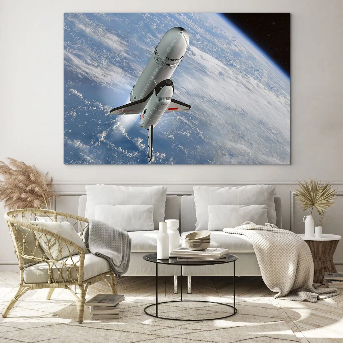 Obraz na skle - Raketoplán štartujúci vo vesmíre so Zemou v pozadí. - 70x50cm - Vesmírne nanebovstúpenie - Moderná nástenná dekorácia do obývacej izby a spálne ARTTOR