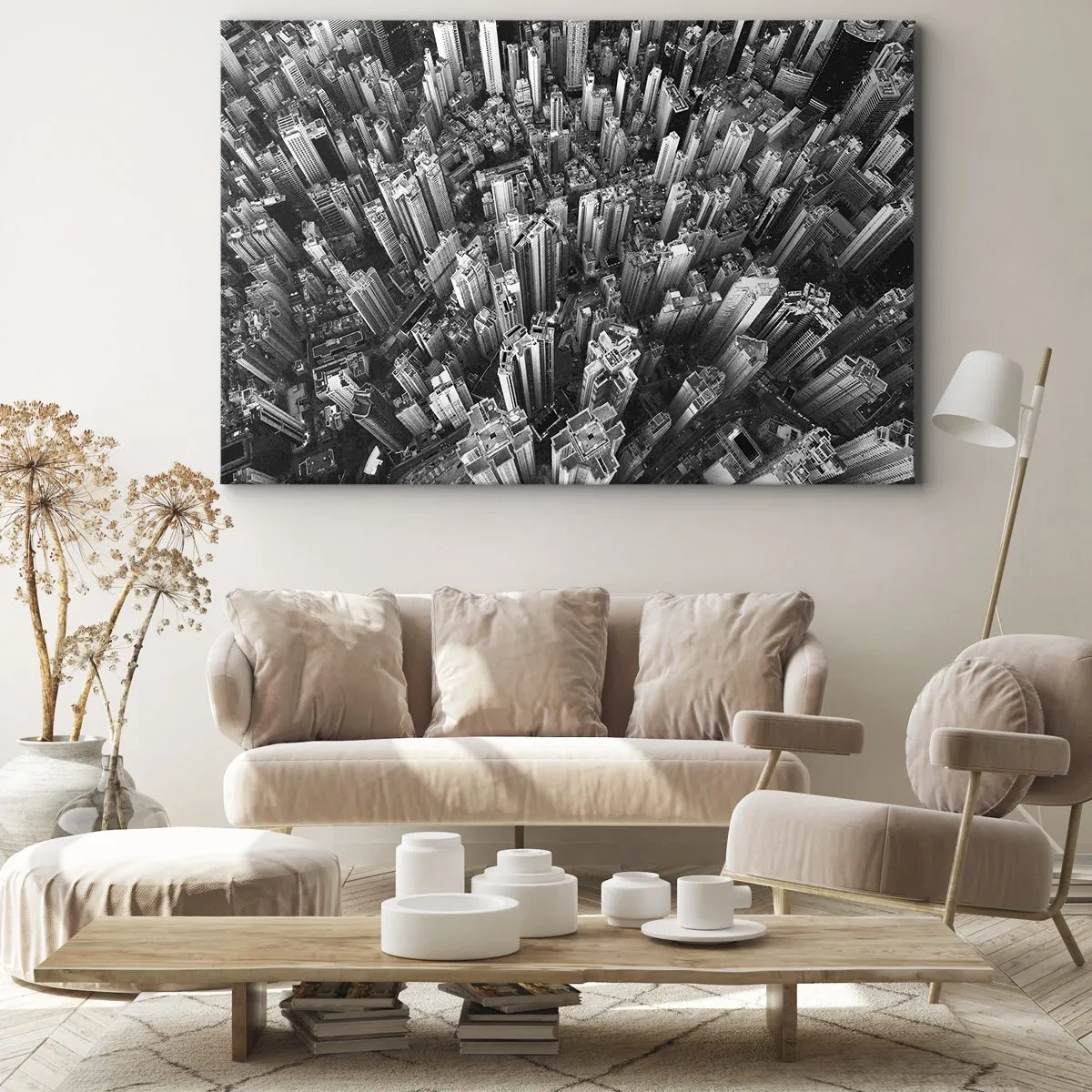 Obraz na plátne - Čiernobiely pohľad na mesto z vtáčej perspektívy - 70x50cm - Stále vyššie a vyššie - Moderná nástenná dekorácia do obývacej izby a spálne ARTTOR