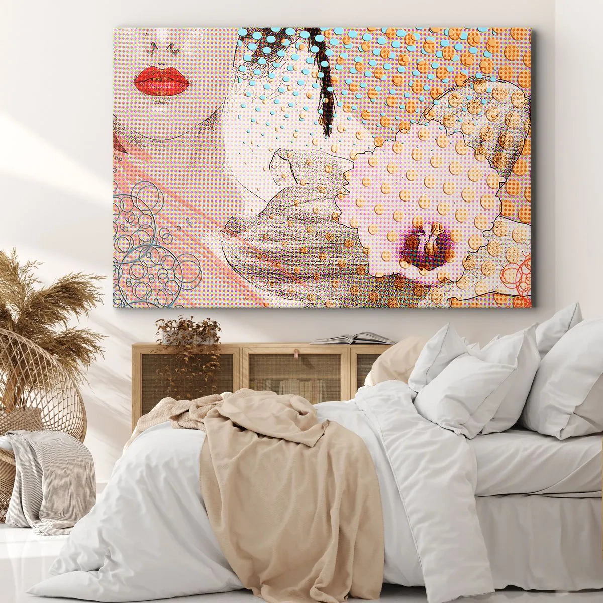 Obraz na plátne - Abstraktné umelecké dielo s motívom úst a orchidey - 70x50cm - Komiksový heroín - Moderná nástenná dekorácia do obývacej izby a spálne ARTTOR