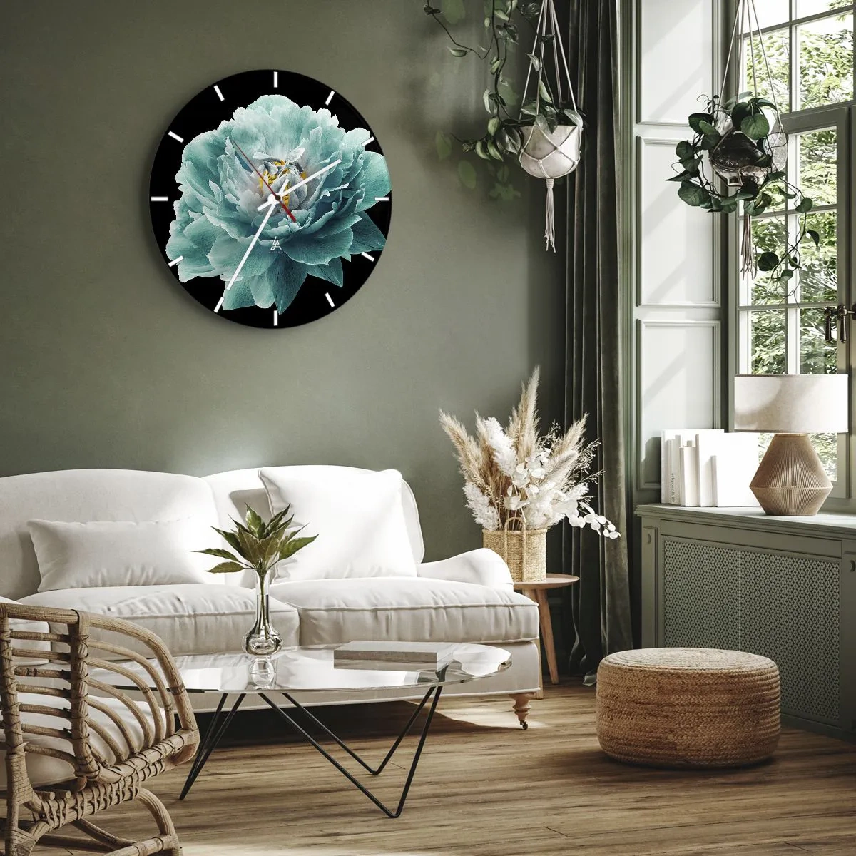 Nástenné hodiny - Tyrkysový kvet pivonky na čiernom pozadí - 30x30cm - Modré a zlaté okvetné lístky - Moderná nástenná dekorácia do obývacej izby, kuchyne a spálne ARTTOR