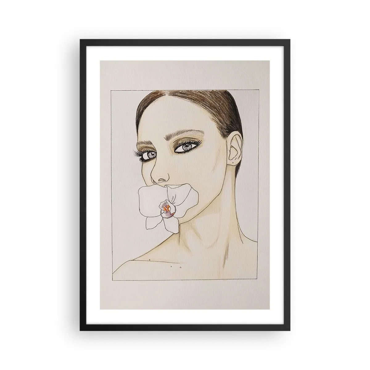 Plagát v čiernom ráme - Portrét ženy s orchideou na perách - 50x70cm - Symbol elegancie a krásy - Moderná nástenná dekorácia do obývacej izby a spálne ARTTOR