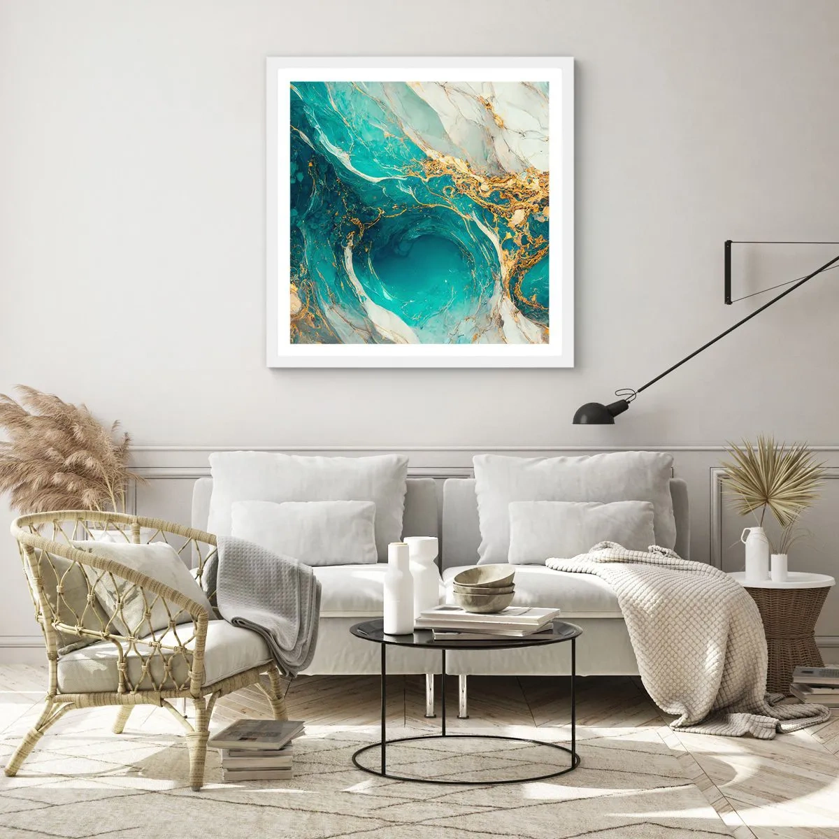 Plagát v bielom ráme - Kompozícia so zlatými žilami - 60x60 cm