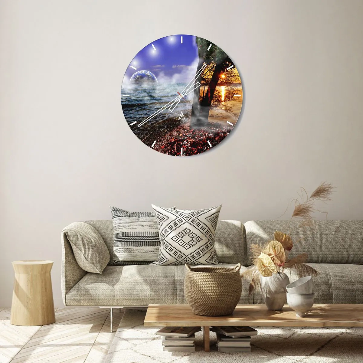 Nástenné hodiny - Symbolické spojenie medzi prírodou a vesmírom - 30x30cm - Surrealistická krajina - jednota prírody - Moderná nástenná dekorácia do obývacej izby, kuchyne a spálne ARTTOR