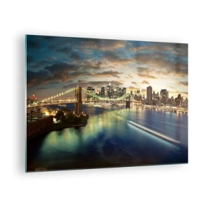 Obraz na skle - Pohľad na most a mesto pri západe slnka - 70x50cm - Žiarivý večer nad Manhattanom - Moderná nástenná dekorácia do obývacej izby a spálne ARTTOR