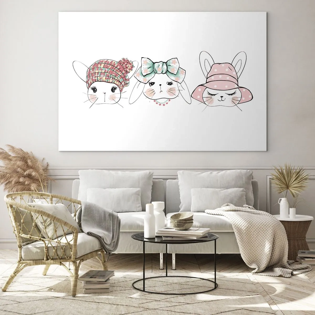 Obraz na skle - Roztomilé zajačiky v klobúkoch a mašliach - 70x50cm - Zamyslená, smutná, spokojná - Moderná nástenná dekorácia do obývacej izby a spálne ARTTOR