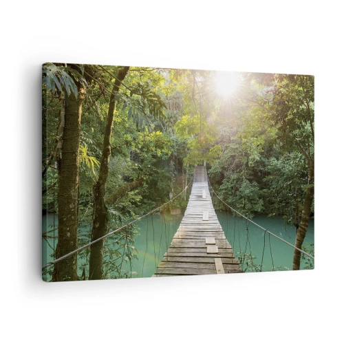 Obraz na plátne - Visutý most v tropickom lese osvetlený slnečným svetlom. - 70x50cm - Nad azúrovou vodou do azúrového lesa - Moderná nástenná dekorácia do obývacej izby a spálne ARTTOR