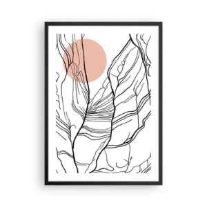Plagát v čiernom ráme - Minimalistická linková grafika s ružovým kruhom v pozadí - 50x70cm - V sieti vetvičiek - Moderná nástenná dekorácia do obývacej izby a spálne ARTTOR
