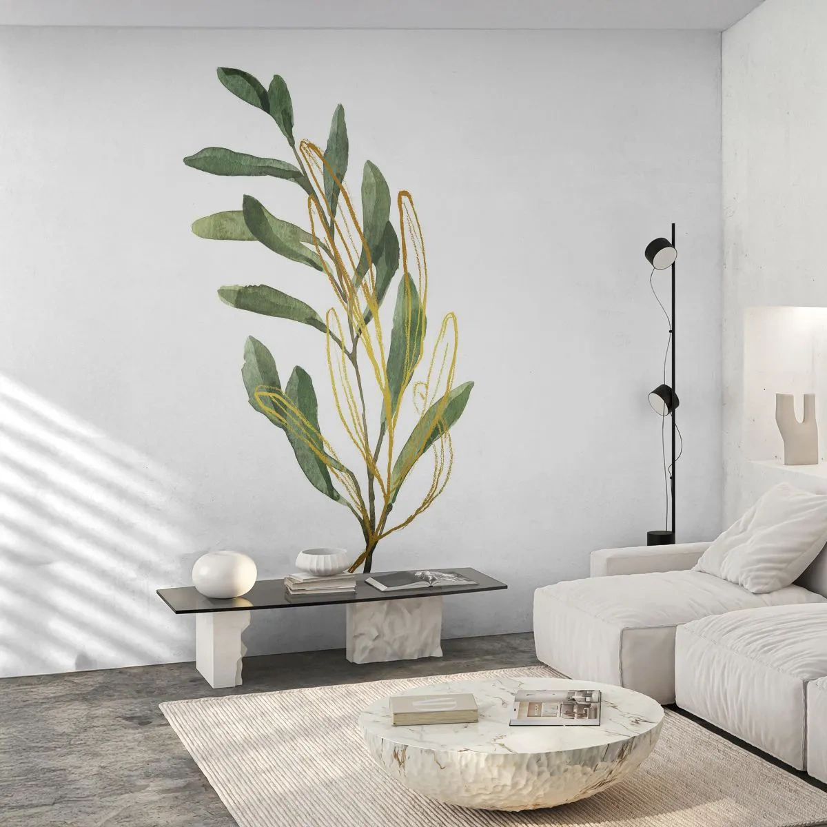 Fototapeta Standard Eco - Akvarelová vetvička so zelenými listami a zlatým akcentom - 100x70cm - Všetko, čo je dobré - Moderná nástenná dekorácia do obývacej izby a spálne ARTTOR