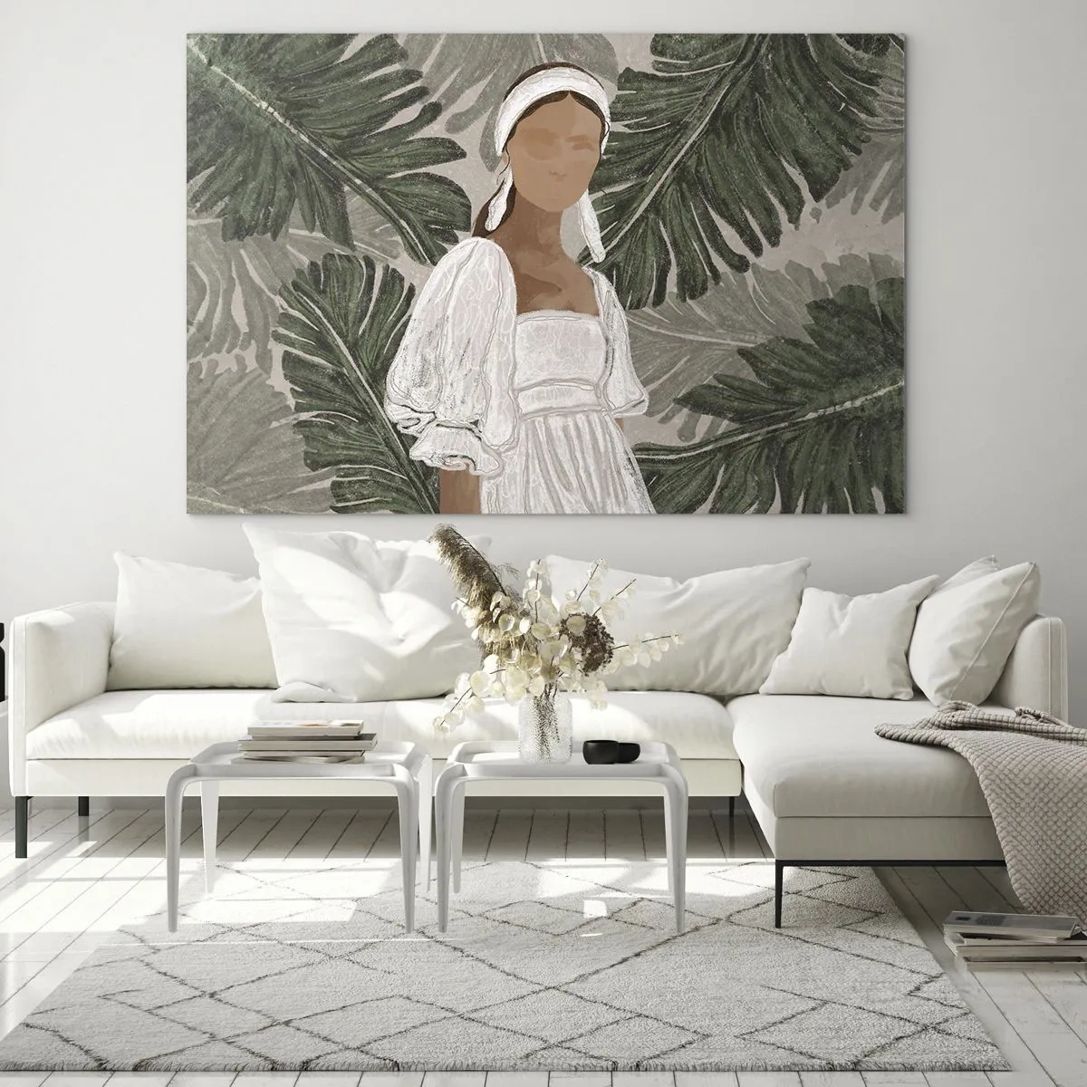 Obraz na skle - Žena v bielych šatách na pozadí zelených tropických listov. - 70x50cm - Exotický portrét - Moderná nástenná dekorácia do obývacej izby a spálne ARTTOR