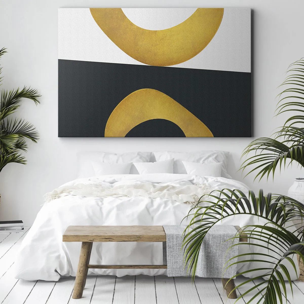 Obraz na plátne - Geometrické tvary v zlatej farbe na bielom a tmavom pozadí - 70x50cm - Po prvé: zlato - Moderná nástenná dekorácia do obývacej izby a spálne ARTTOR